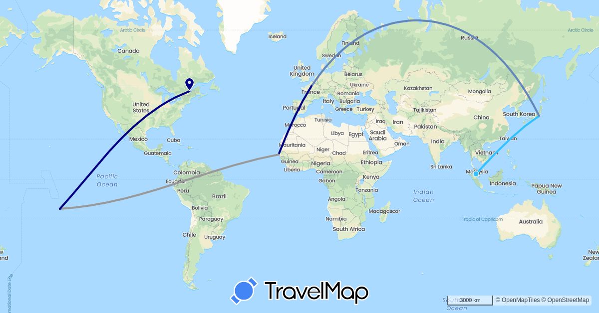 TravelMap itinerary: driving, plane, cycling, boat in Canada, France, Japan, Malaysia, French Polynesia, Senegal (Africa, Asia, Europe, North America, Oceania)